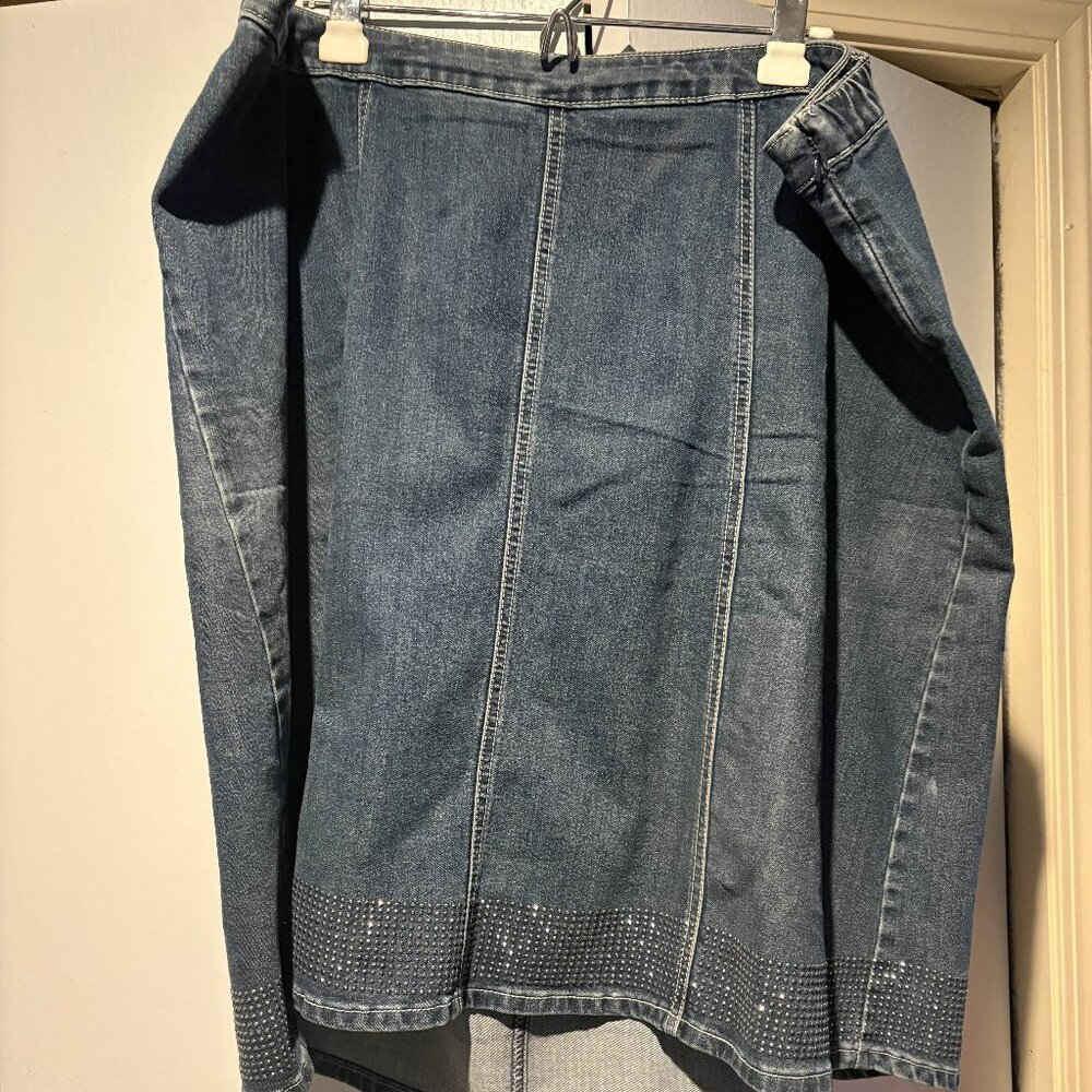 Knee length denim rhinestone skirt